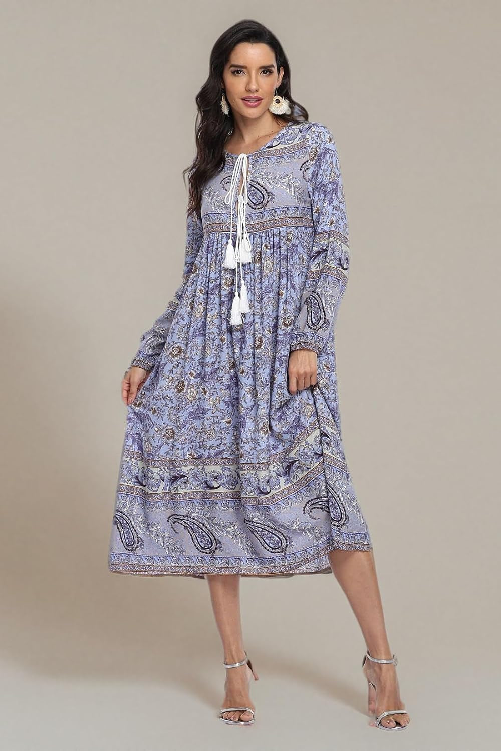 Women'S Long Sleeve Bohemian Midi Dresses Summer Floral Retro V Neck Tassel Casual Dress