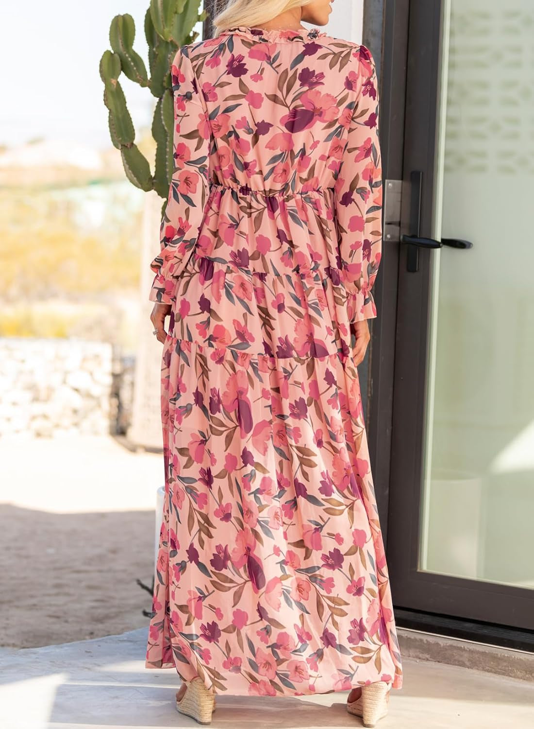 Womens Casual Boho Floral Printed V Neck Long Sleeve Long Maxi Dress Spring Summer Dresses