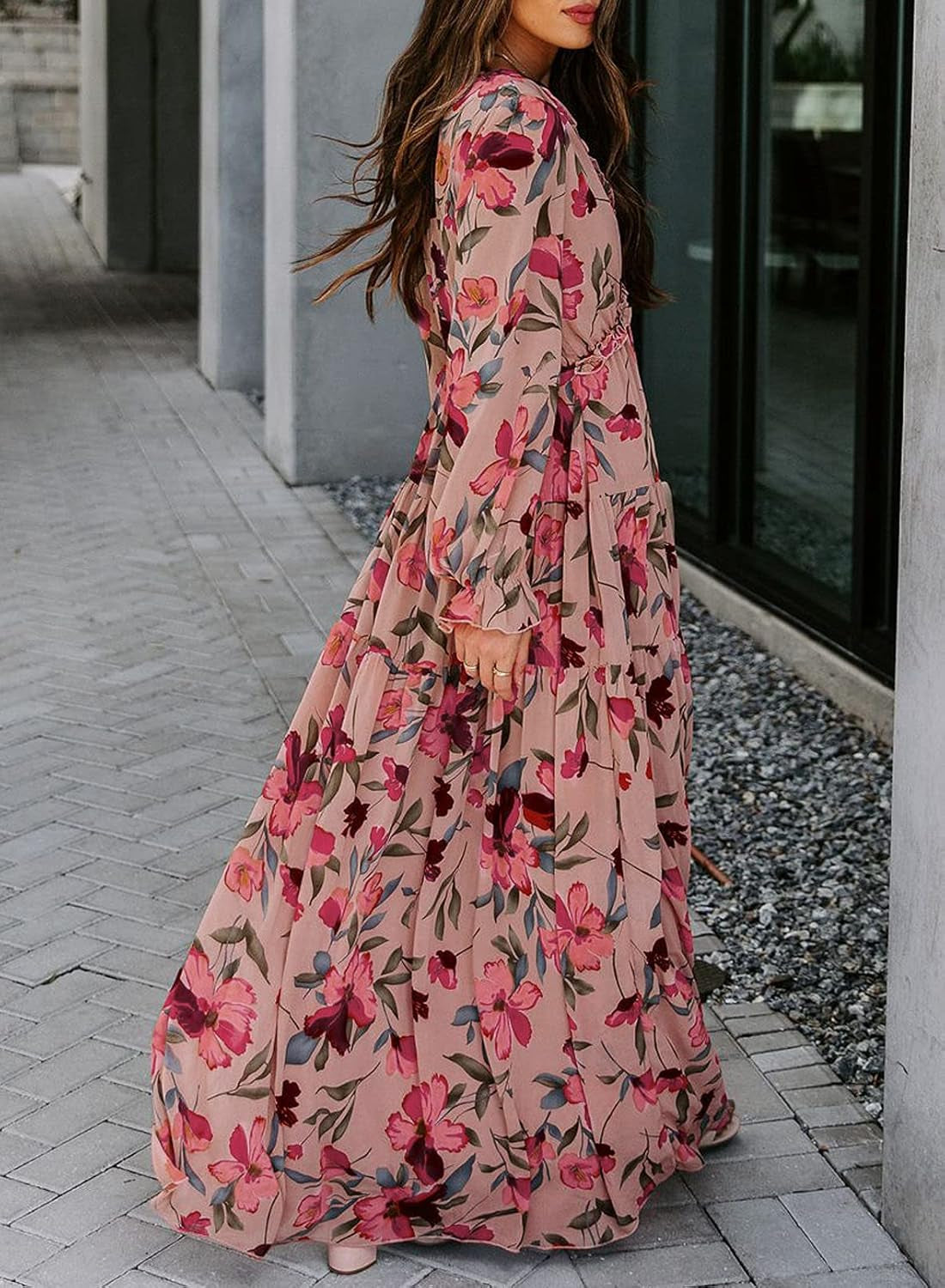 Womens Casual Boho Floral Printed V Neck Long Sleeve Long Maxi Dress Spring Summer Dresses